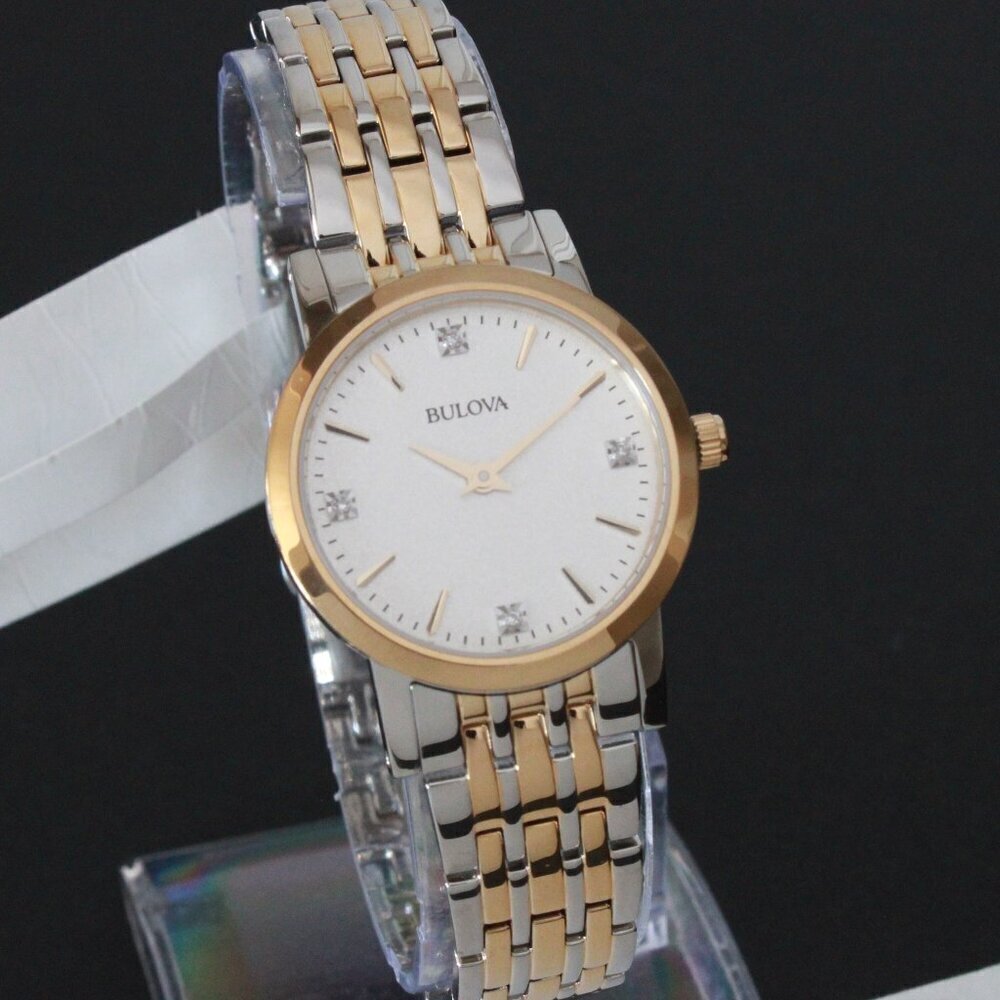 Bulova Ladies Sutton Classic Quartz Watch Four Diamond Accents Two Tone 27mm - Picture 2 of 13